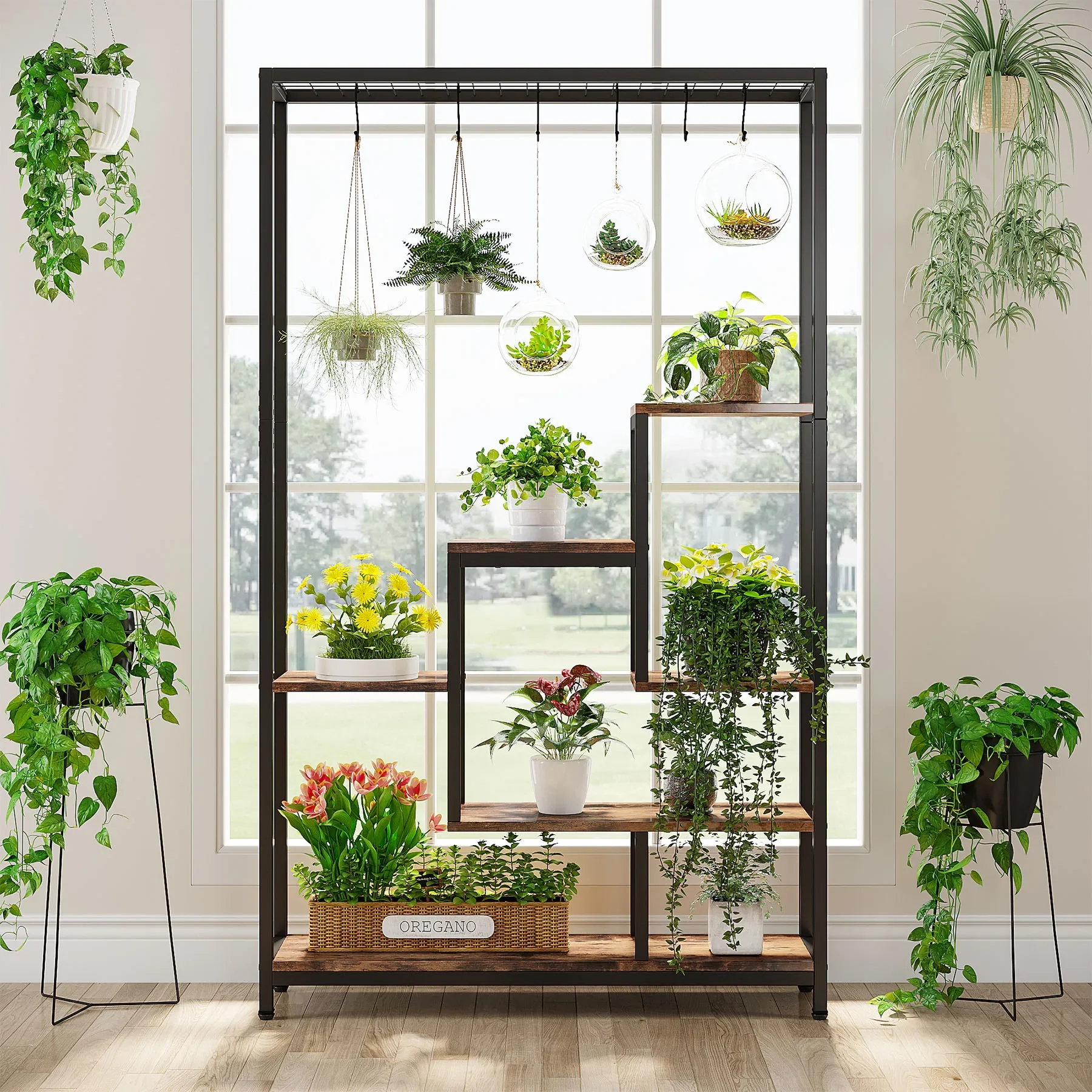 Tribesigns Soporte para plantas de interior de 5 niveles de altura, estante grande para plantas de metal de 70,9 pulgadas con 10 ganchos para colgar PC S para jardín