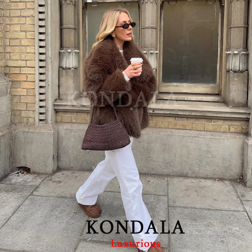 KONDALA, chaquetas informales de piel gruesa marrón para mujer, abrigos de piel sintética de manga larga con cuello en V para otoño e invierno, ropa de calle a la moda 2025