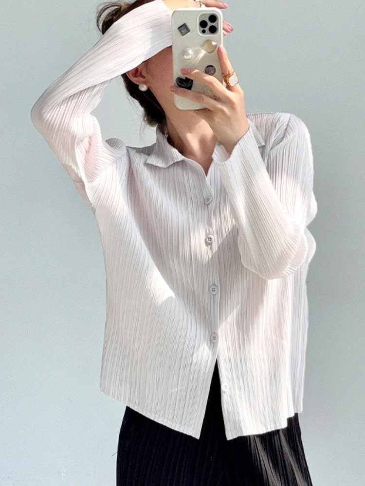Camisa de mujer Miyake, camisa de manga larga con solapa plisada, camisa informal versátil holgada de talla grande, cárdigan plisado, Tops, novedad de otoño 2024