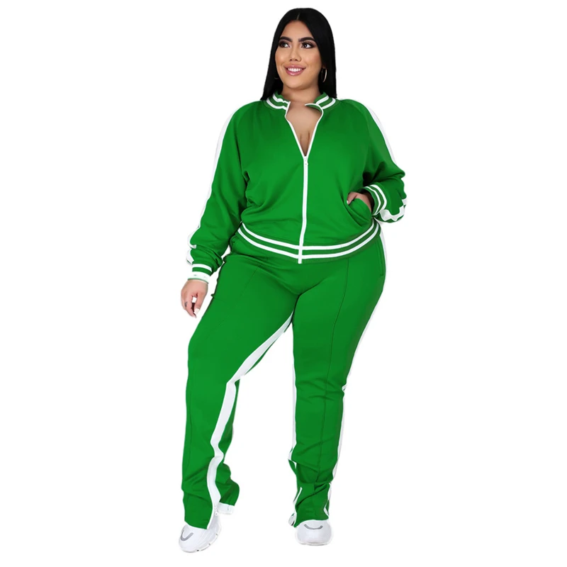 Conjunto de dos piezas de talla grande L-5XL para mujer, chándal con cremallera a rayas, pantalones de chándal con abertura, conjunto para correr, venta al por mayor, triangulación de envíos