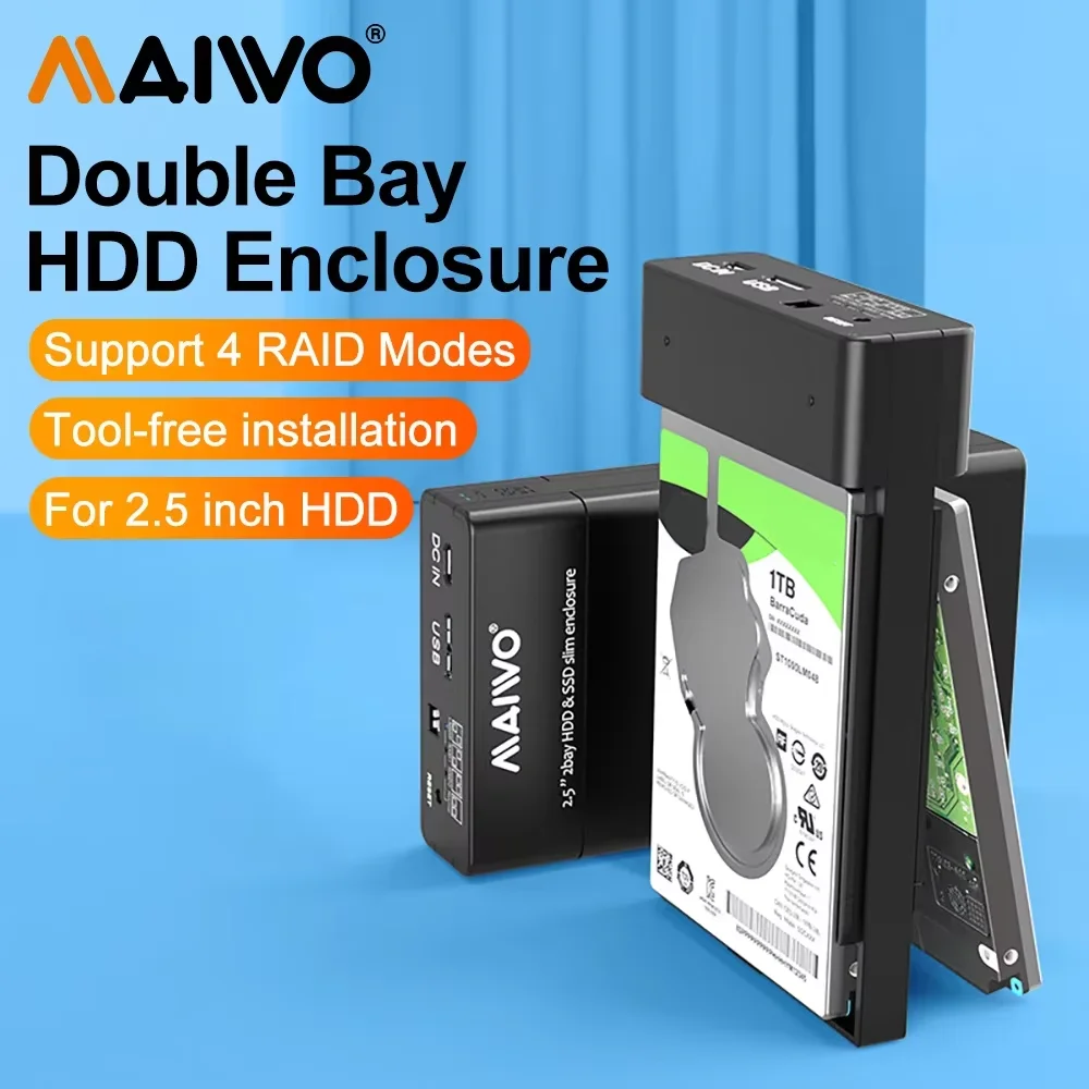 Caja para disco duro externo MAIWO Dual Bay, carcasa HDD SSD de 2,5 pulgadas para matriz de disco duro SATA con 4 funciones RAID, carcasa para PC
