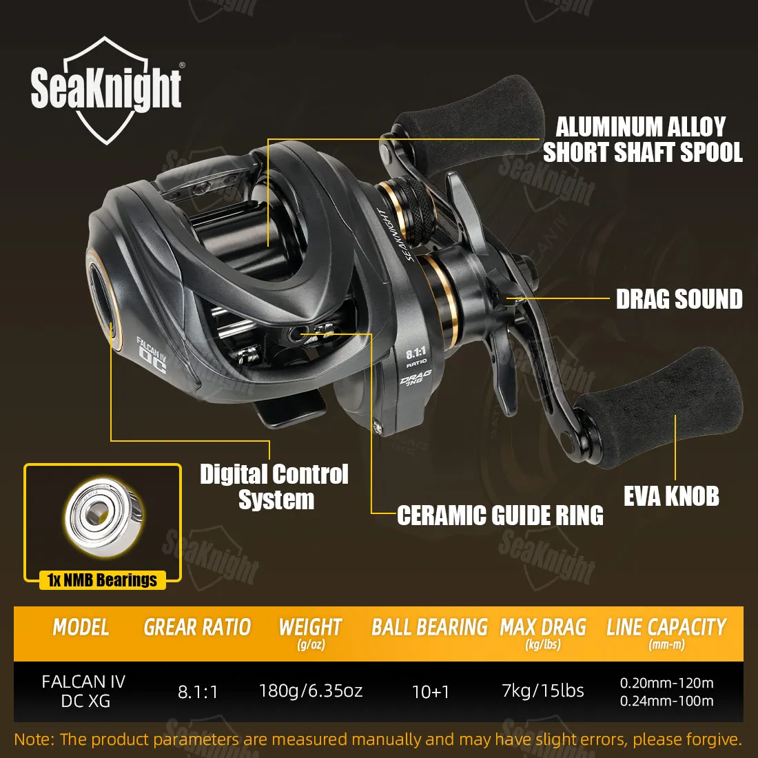 Carrete de Pesca SeaKnight FALCAN IV DC 8.1:1, Serie Baitcasting, 10+1BB, Sistema de Arrastre de Fibra de Carbono, 7kg/15lbs, Engranaje de Latón