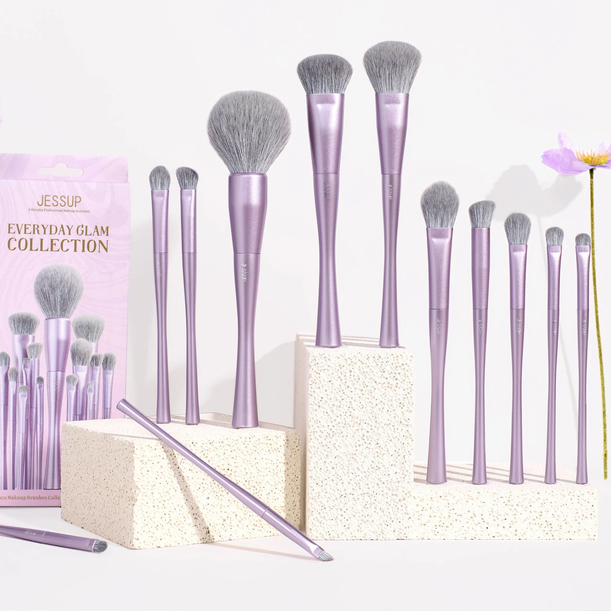 Jessup Juego de brochas de maquillaje 4/6/7/10/14/15 Uds. Brocha de maquillaje para base, corrector resaltador de mezcla de sombra de ojos facial, color morado de lujo