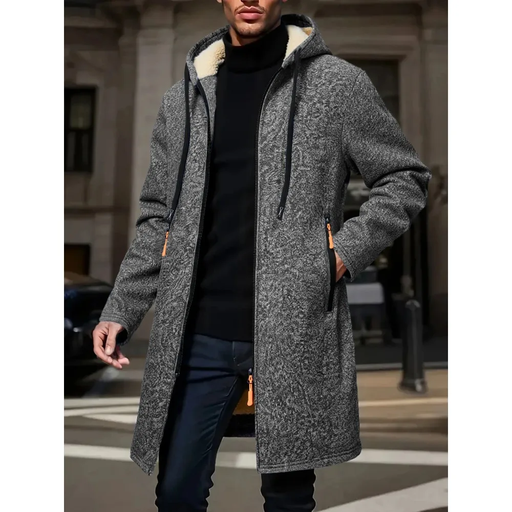 Abrigo largo cálido de invierno para hombre, chaqueta con cremallera, cortavientos con cremallera, abrigo grueso de lana a prueba de viento, chaqueta informal con capucha de Color contrastante