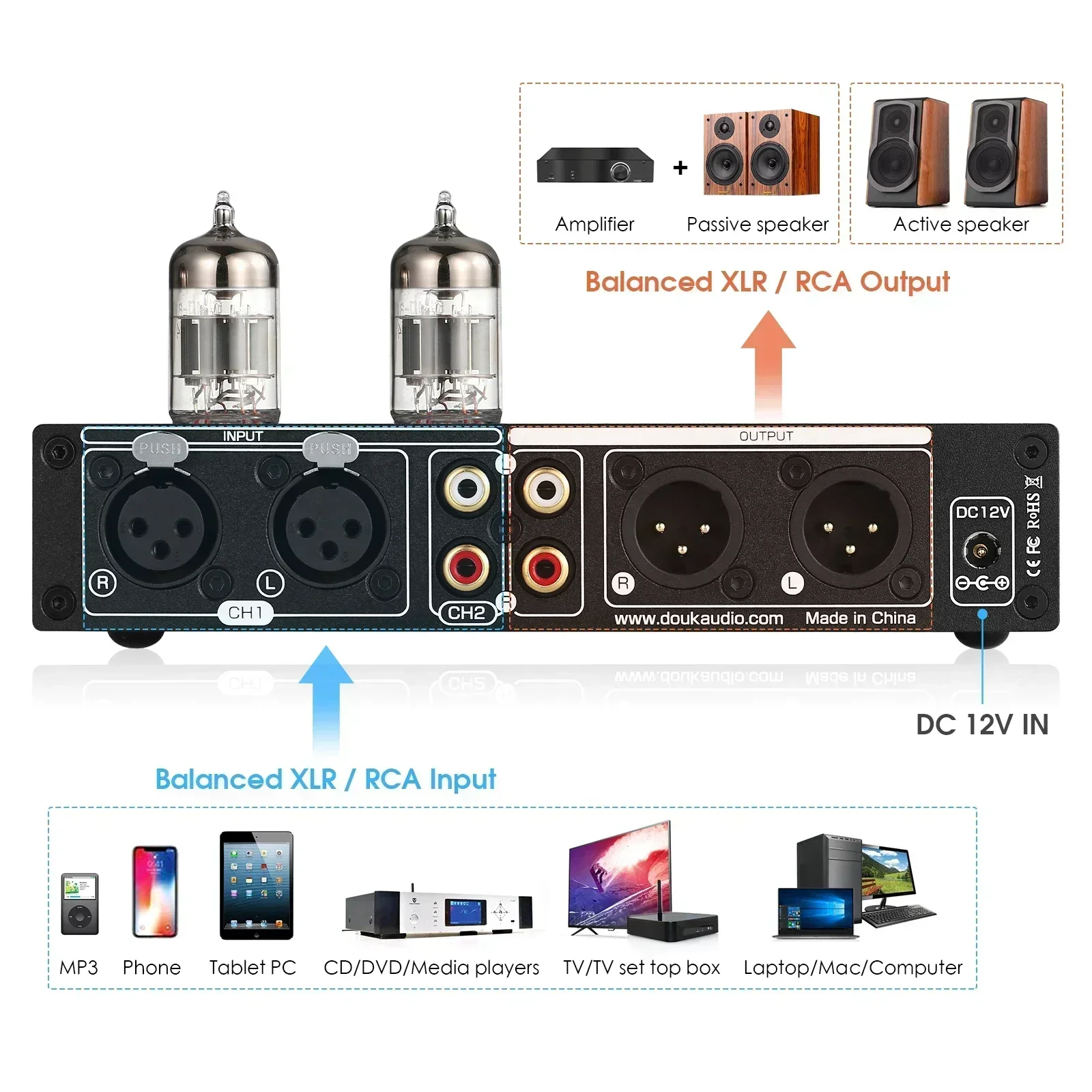 Douk Audio HiFi válvula tubo estéreo equilibrado XLR/RCA preamplificador EQ de 7 bandas ecualizador escritorio en casa amplificador de auriculares