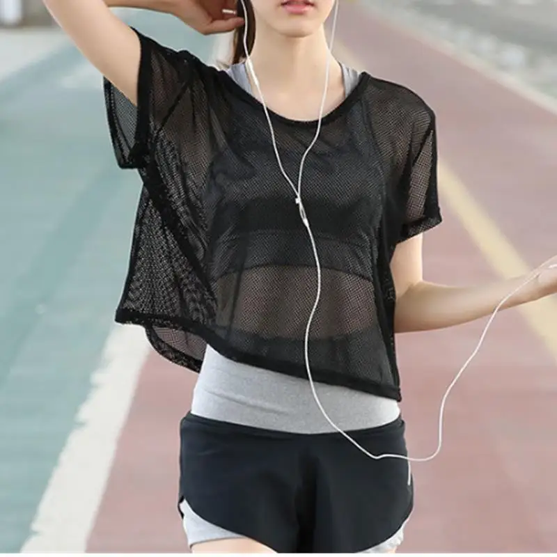 Camiseta de yoga de malla para mujer, sexy, de manga corta, top deportivo, blusa, prenda de secado rápido para gimnasio, ropa deportiva para correr y fitness