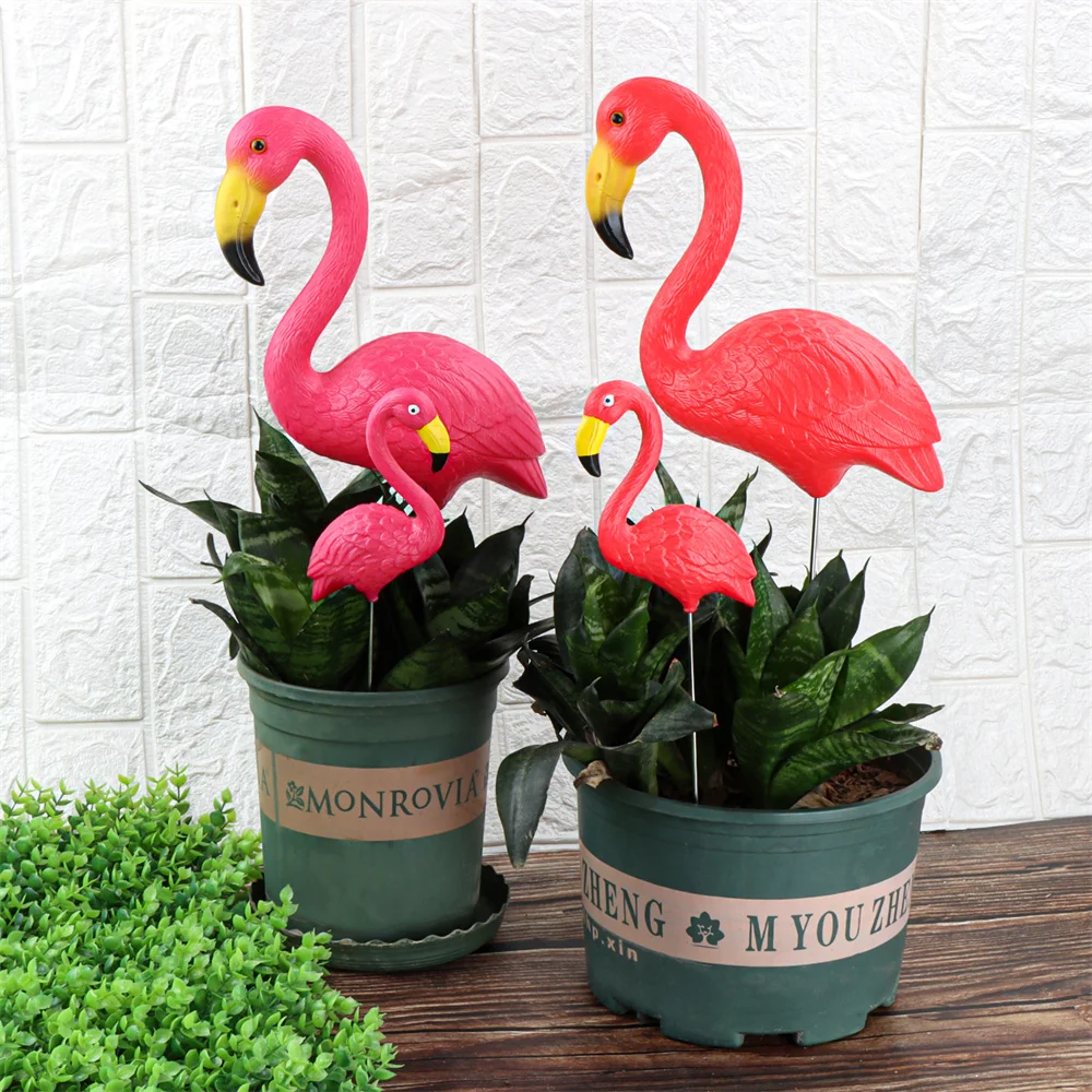 Mini rosa rojo pequeño flamenco de plástico decoración de patio pájaro césped jardín estaca estatua figuritas ornamento maceta