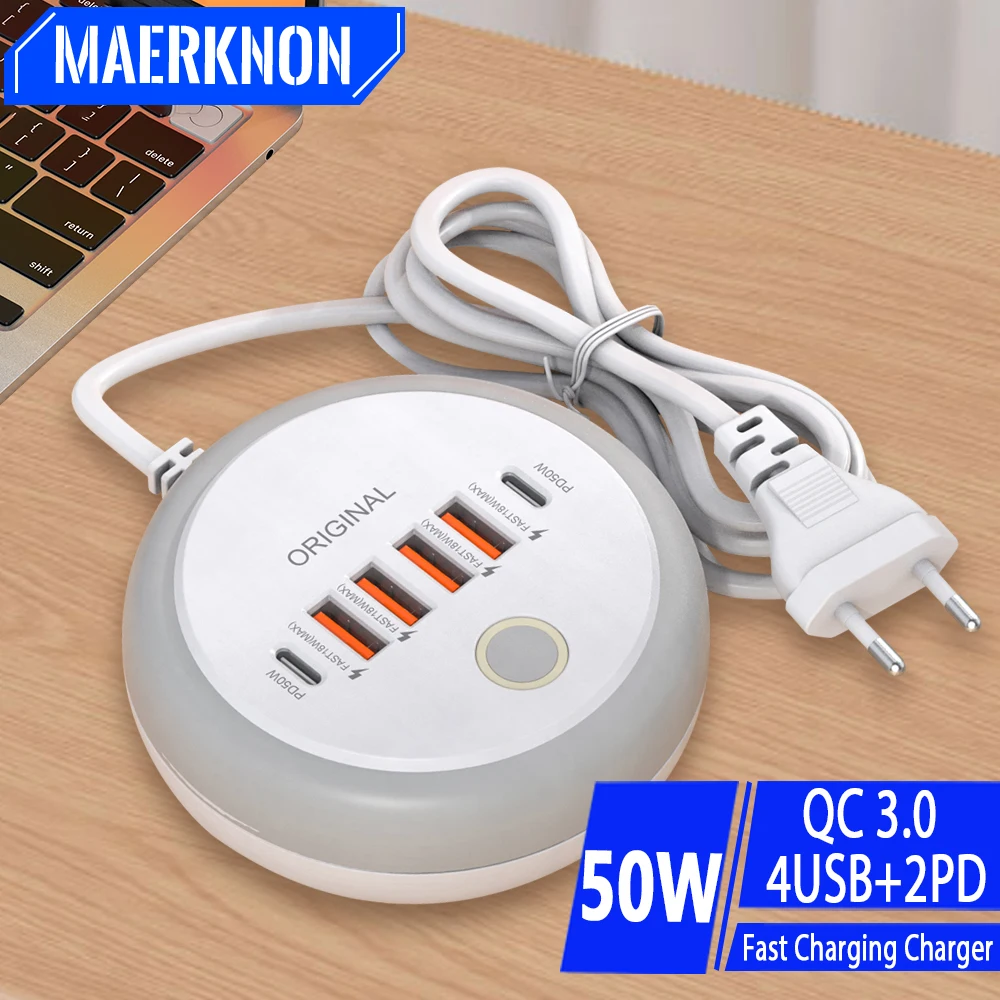 Cargador de pared de carga rápida PD tipo C con múltiples puertos, cargador USB de 50W, concentrador USB para Samsung, iPhone, Xiaomi, enchufe UE/EE. UU./Reino Unido, cargador de teléfono