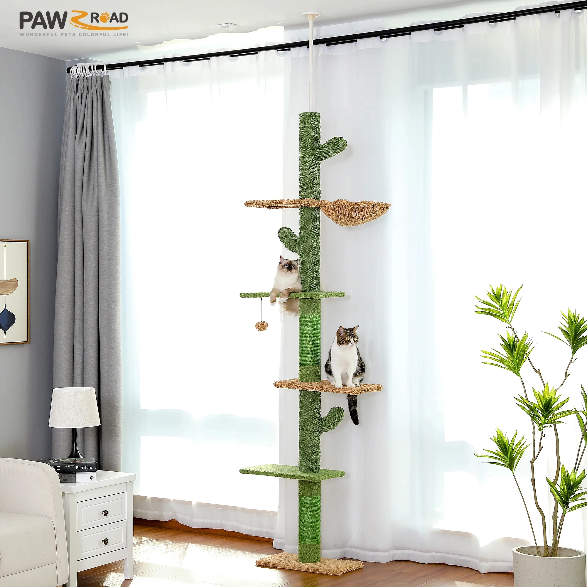 Árbol para gatos de 5 niveles, torre para gatos de piso a techo, árbol trepador alto de Cactus con poste rascador, hamaca, bola colgante para gatos de interior