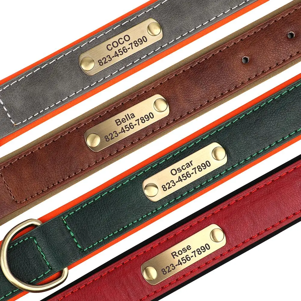 Collar de perro personalizado, collares de cuero PU grabados personalizados para perros, placa de identificación con grabado gratis para perros pequeños, medianos y grandes