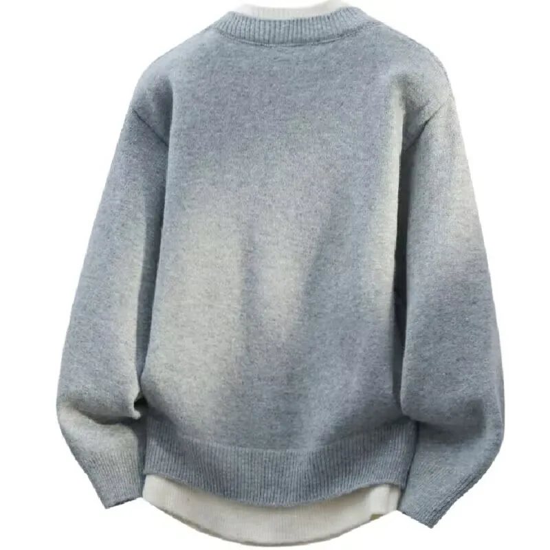 Jersey falso de dos piezas para hombre, cárdigan con cuello redondo, ropa de manga larga, suéter de punto informal juvenil cómodo y térmico