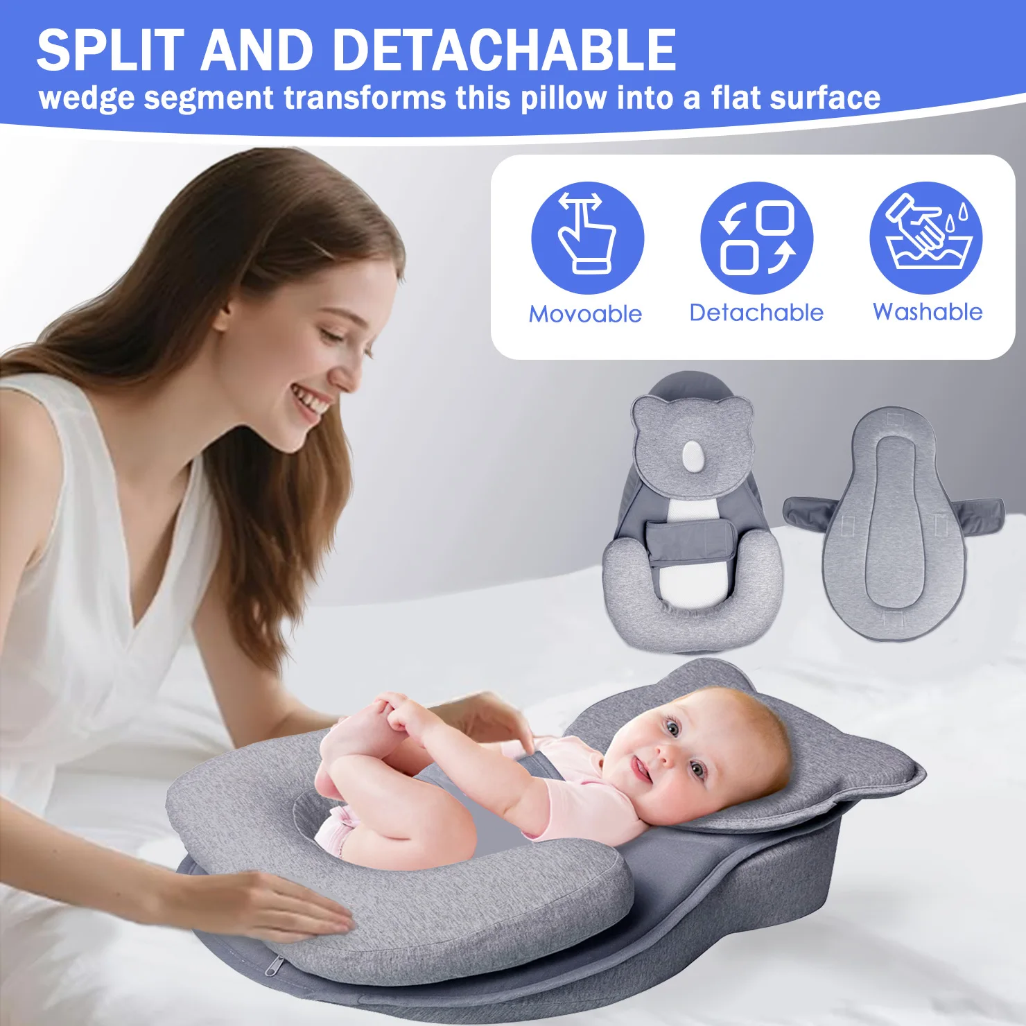 Almohada antialto para recién nacidos, cojín de soporte seguro desmontable para cunas, cochecito o uso en cama con almohada
