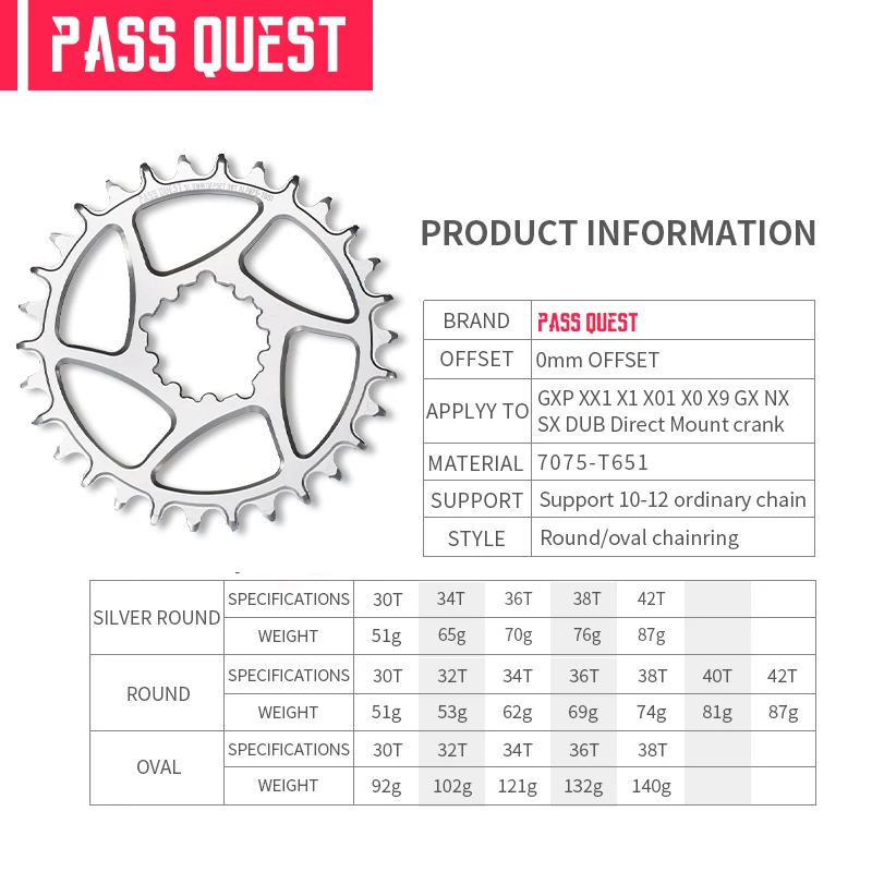 Platos y bielas redondos ovalados de 0mm para SRAM Gx xx1 Eagle GXP PASS QUEST, plato redondo de montaña estrecho ancho 28T 30T 32T 34T 36T 38T
