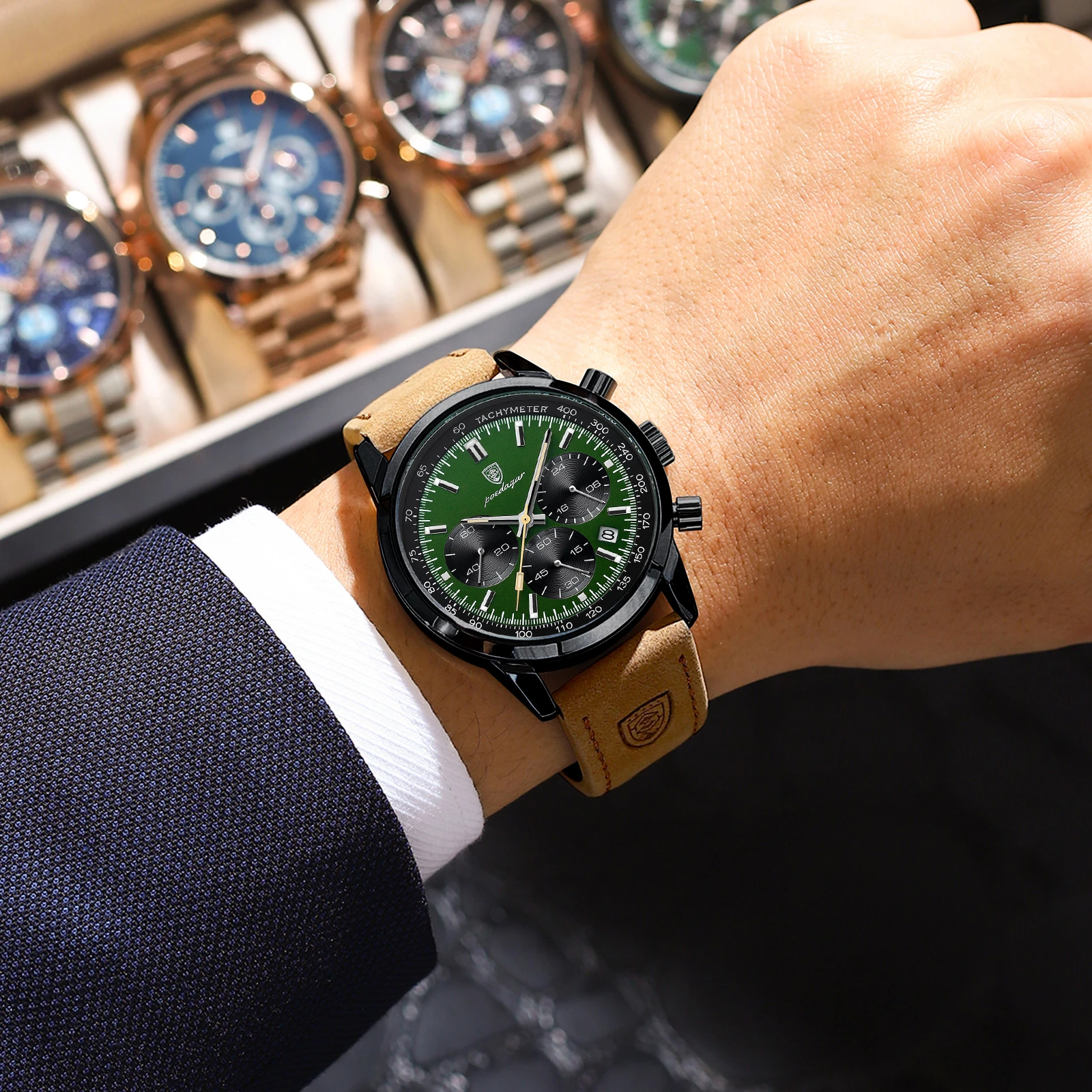 Reloj de pulsera deportivo POEDAGAR a la moda para hombre, cronógrafo luminoso resistente al agua, reloj militar para hombre, relojes de cuarzo de lujo de cuero para hombre