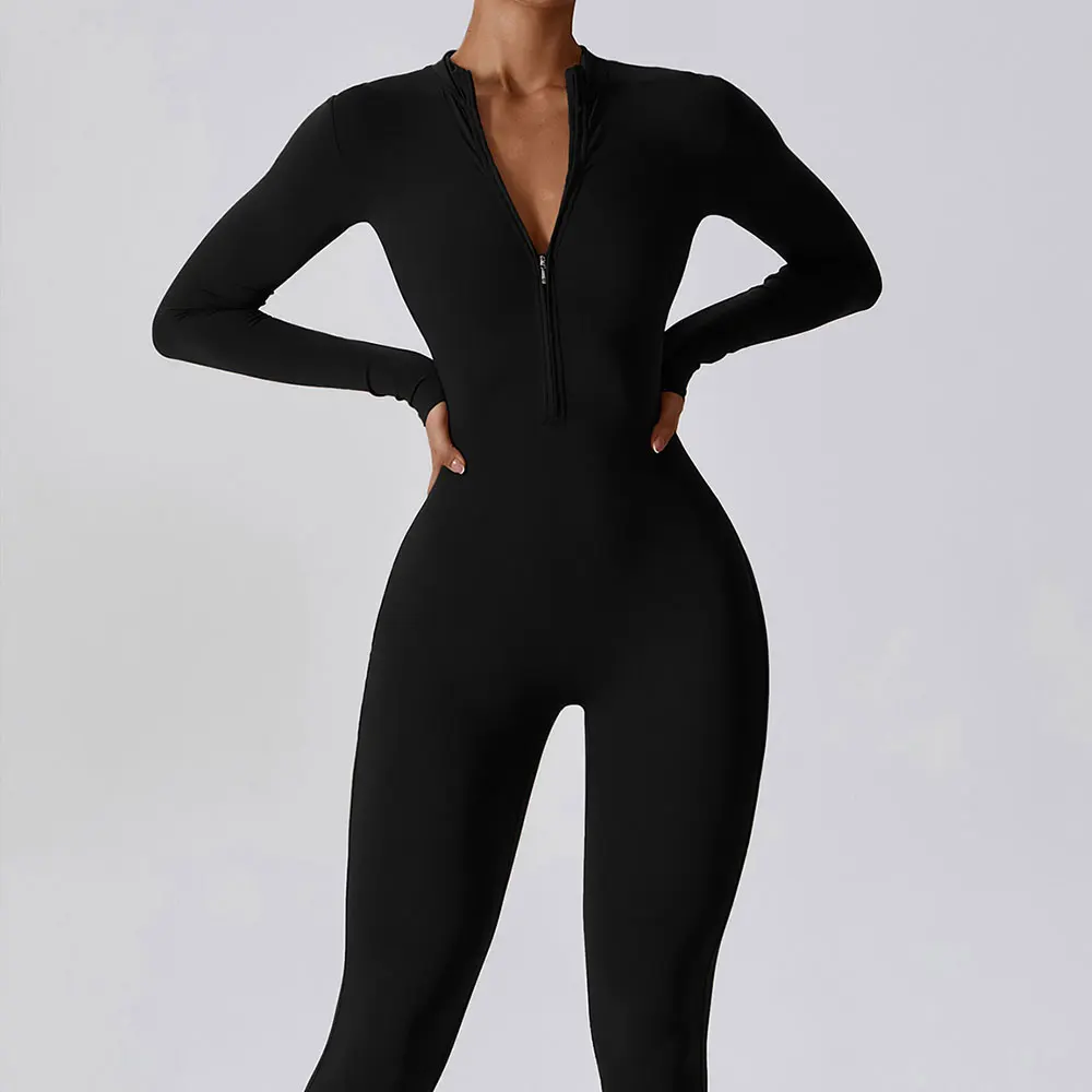 Monos de una pieza para mujer, conjunto de Yoga de manga larga con cremallera, ropa de entrenamiento de realce para gimnasio, mono deportivo, chándal