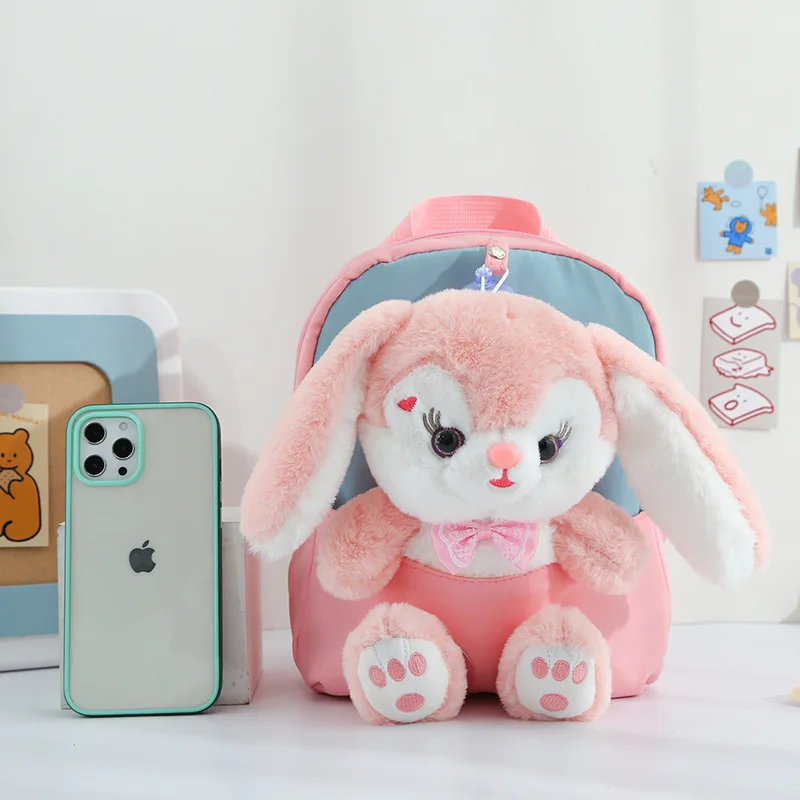 Mochila de conejo 3D de felpa para niños, niñas, niños, mochila escolar con bonito pajarita, mochilas escolares de dibujos animados, bolsa de bebé preescolar para guardería