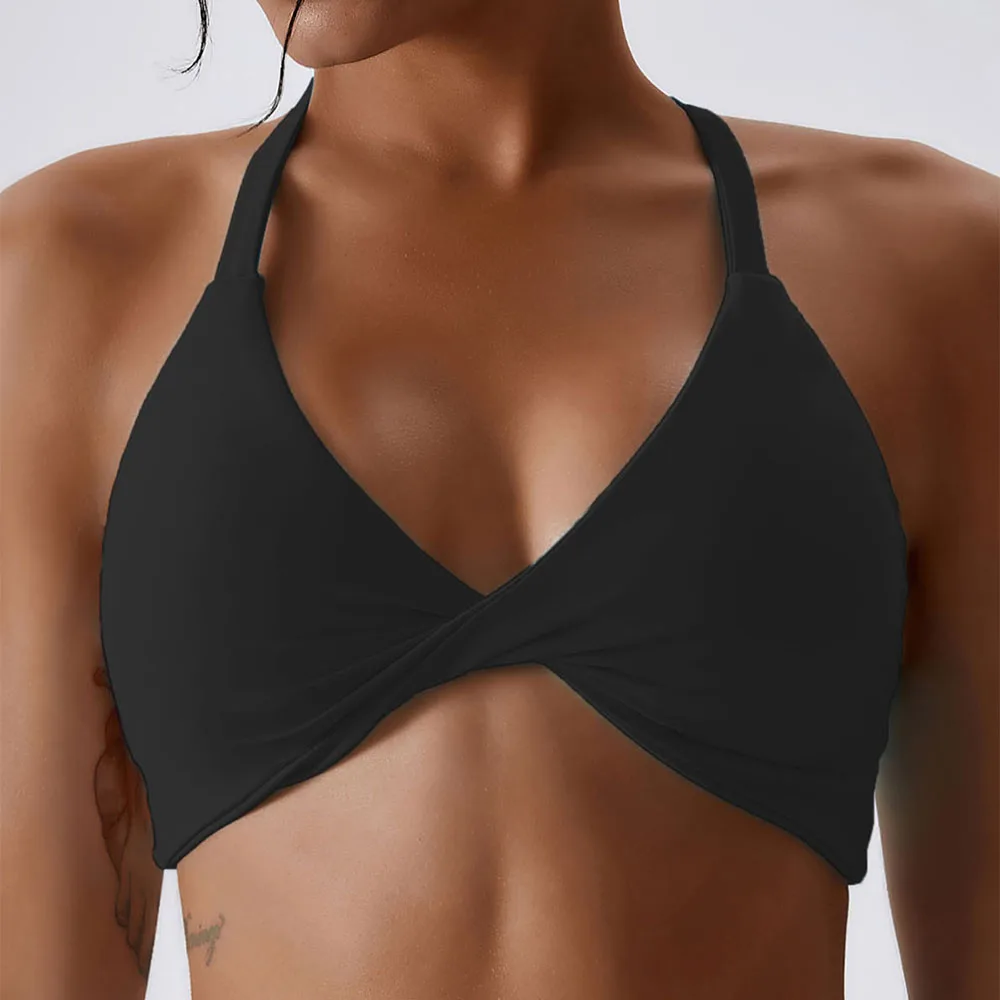 Anfilia-sujetadores deportivos para mujer, Tops lisos con cuello Halter, alta elasticidad, con relleno extraíble, para gimnasio, entrecruzado, con tiras en la espalda, para Yoga y correr