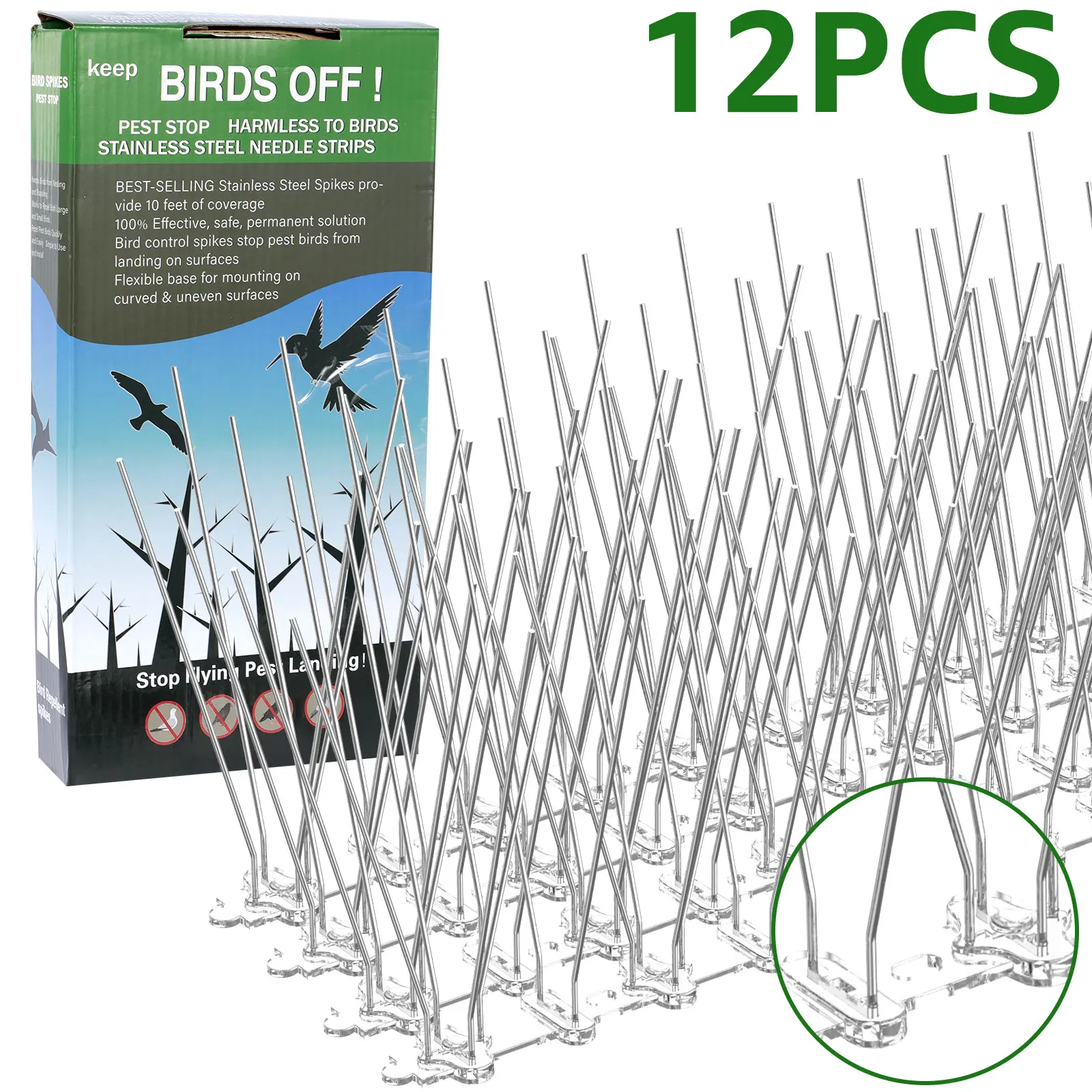 Juego de repelente de aves de acero inoxidable, 12 Uds., picos para palomas, disuasivo, antiaves, palomas, ardilla, gatos, repelente para techo de valla de jardín