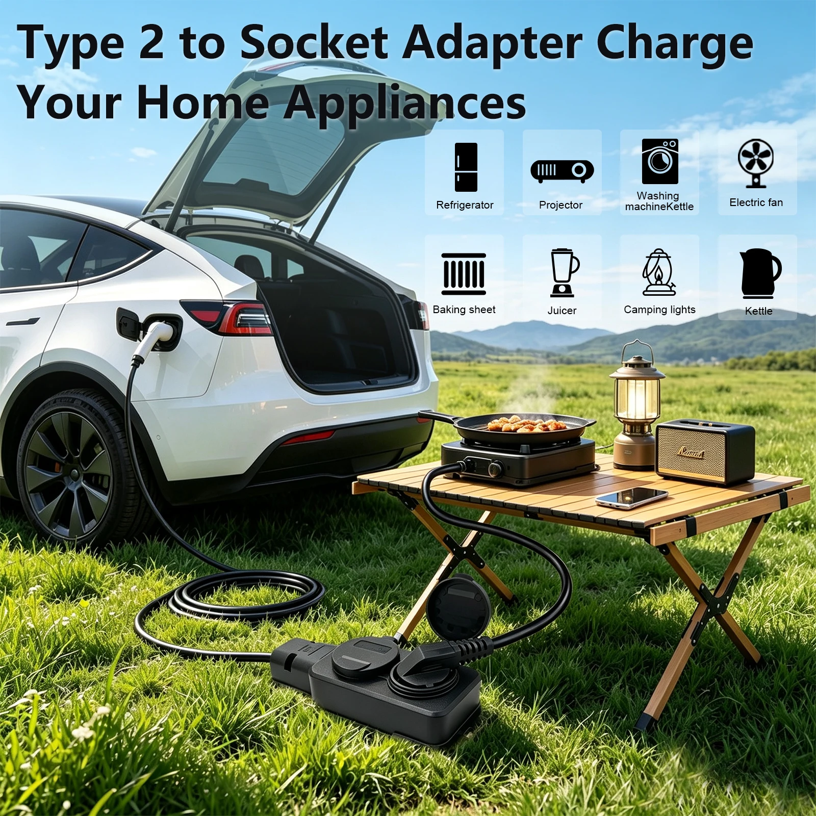 Adaptador de descarga V2L Tipo 2 para vehículos eléctricos, cable de carga de vehículo a carga, enchufe europeo, cable de descarga de energía V2L para coche eléctrico, enchufe de salida europeo
