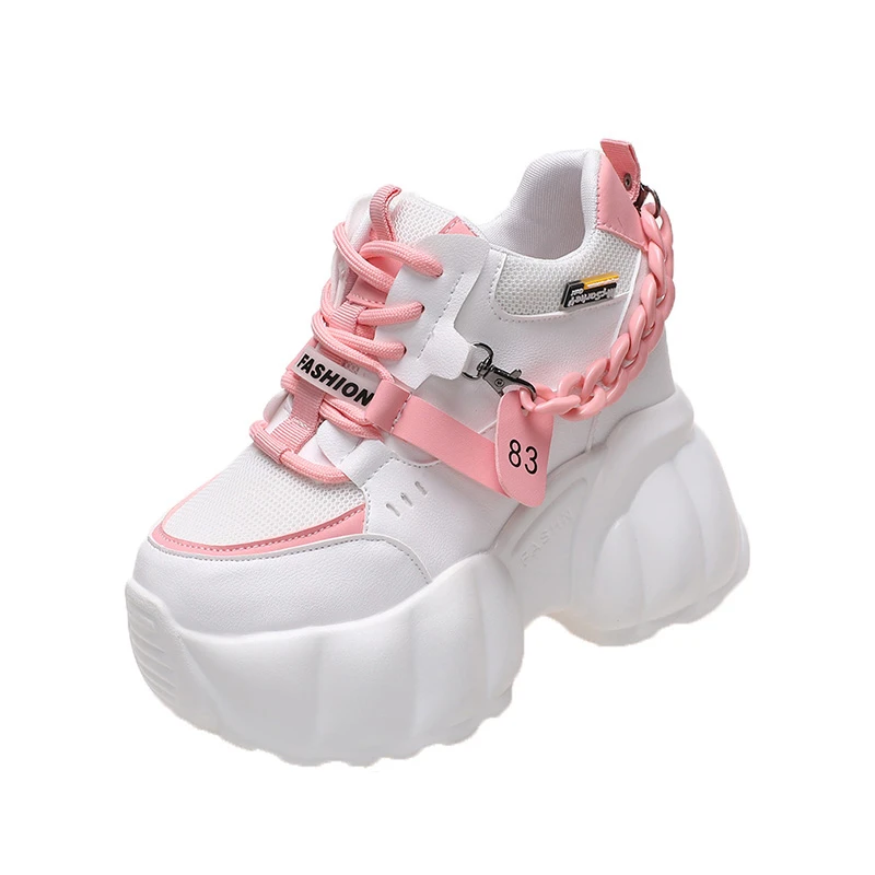 Zapatillas de deporte gruesas con cadena para mujer, zapatos vulcanizados informales con suela gruesa de 10CM, a la moda, con plataforma alta, color blanco y negro