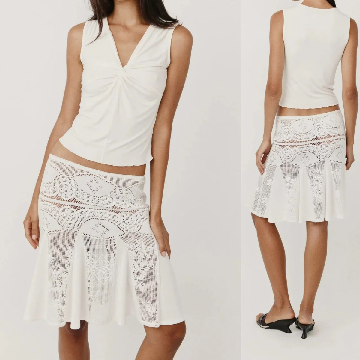 Conjunto de dos piezas Wj: Top sin mangas con cuello en V retorcido y falda de cola de pez de ganchillo calado, Falda de cola de pez acampanada de jacquard calado, Top sin mangas ajustado con efecto ceñido a la cintura, Falda de cola de pez ajustada sin mangas de ganchillo transparente