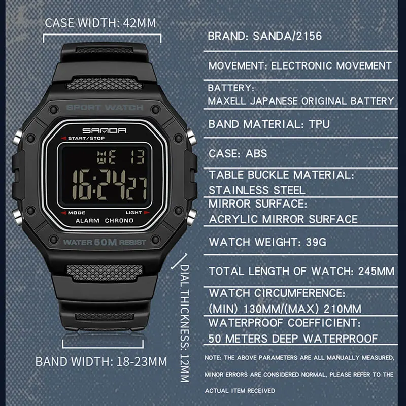 SANDA 2156 reloj de moda para hombre, relojes deportivos militares resistentes al agua, relojes de pulsera digitales Led con esfera grande del ejército, cronómetros para hombre