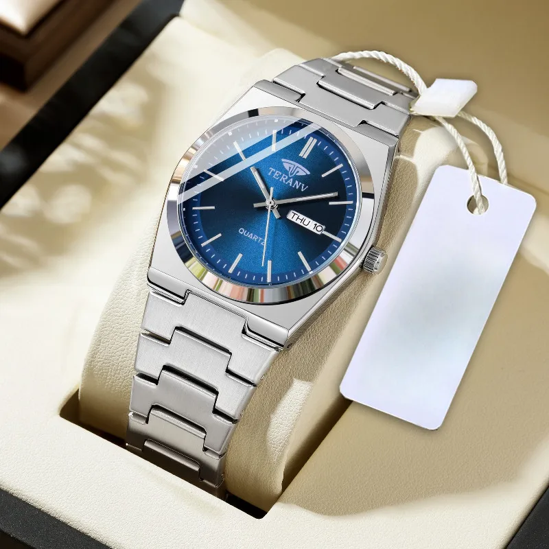 Reloj para hombre, reloj delgado de cuarzo de moda con calendario de acero inoxidable
