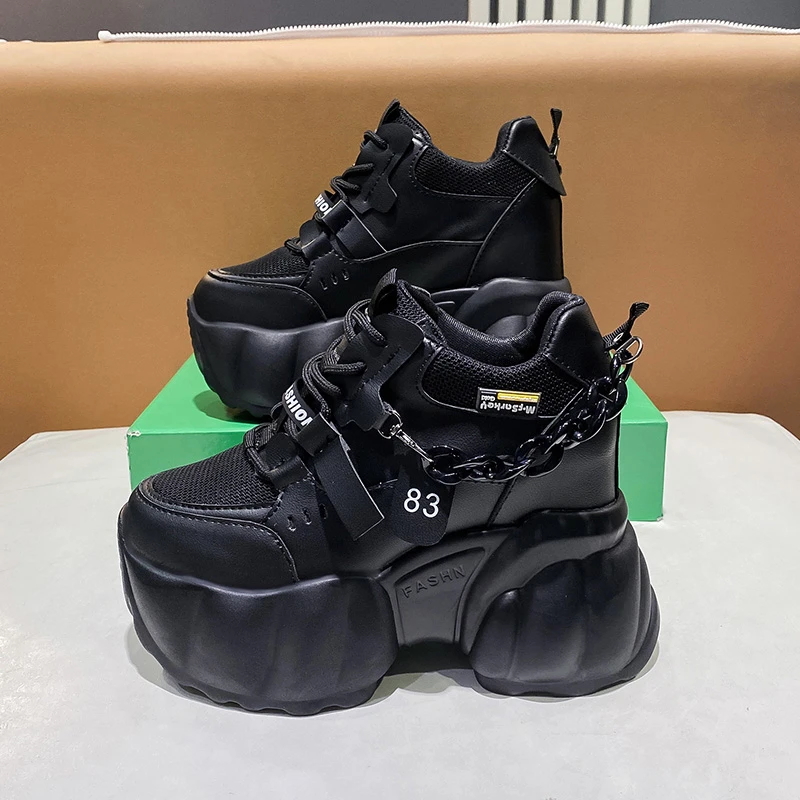 Zapatillas de deporte gruesas con cadena para mujer, zapatos vulcanizados informales con suela gruesa de 10CM, a la moda, con plataforma alta, color blanco y negro