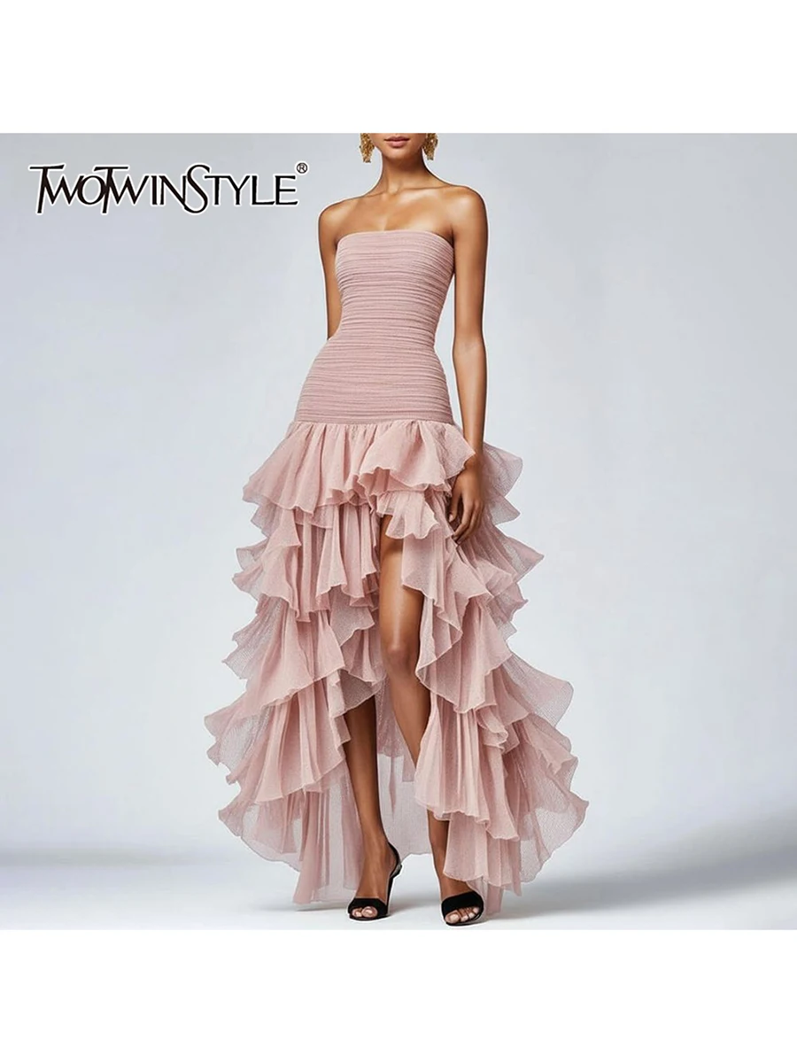 Vestidos Elegantes TWOTWINSTYLE para Mujer, Diseño Sólido e Irregular, Sin Tirantes, Sin Mangas, Cintura Alta, Corte Entallado, Vestido Largo con Abertura, Moda Femenina