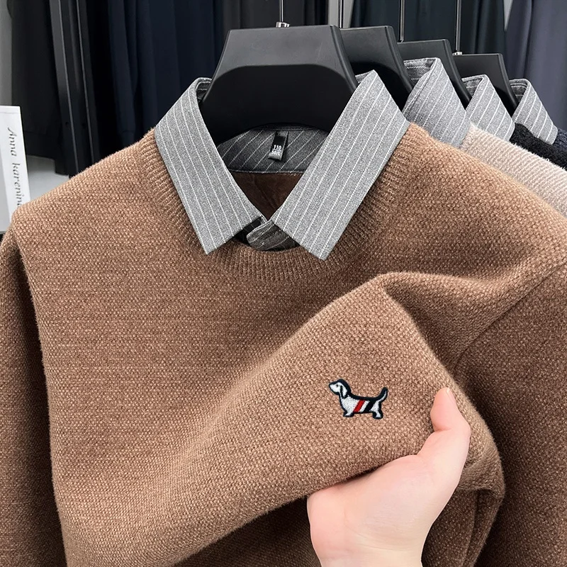 Prendas de punto de manga larga con capucha de bloqueo de Color para hombre de marca de diseñador, ropa de viaje a la moda con estampado de perro cálido y grueso para invierno