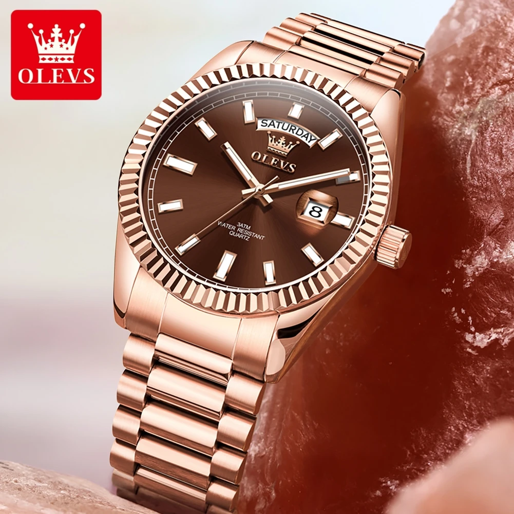 Reloj OLEVS para hombre, reloj de pulsera de lujo de marca superior para hombre, reloj resistente al agua de acero inoxidable de oro rosa a la moda, reloj de cuarzo con fecha y día