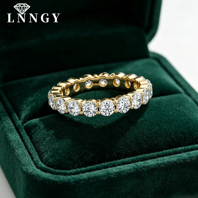 Anillo de eternidad de moissanita de 4 mm certificado por Lnngy, anillo de boda relleno de oro de 14k para mujer, anillo apilable brillante, accesorios de joyería