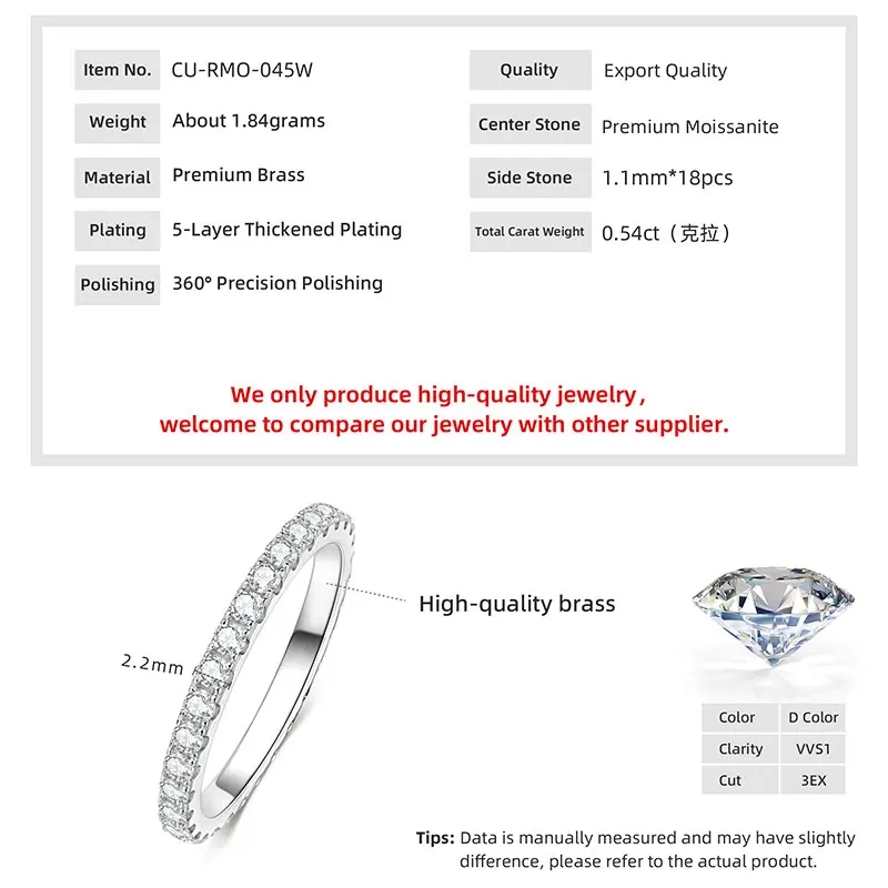 Anziw Anillo de Moissanita Completa de 2mm Color D para Mujer, Brillante Banda de Eternidad para Boda, Anillo de Compromiso de Oro Laminado de 14k, Joyería