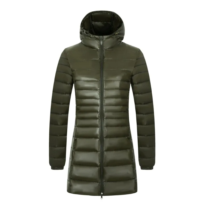 Chaqueta larga de plumón para mujer, abrigo acolchado con capucha, ligero y cálido, con bolsa de almacenamiento para facilitar su transporte, ideal para el invierno, prenda de abrigo informal.
