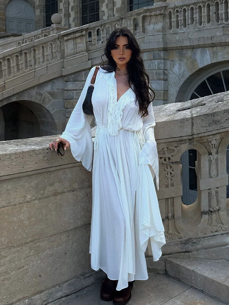 HH-vestidos de moda para mujer, vestido largo blanco con cuello en V, mangas largas, borde con volantes, decoración con cordones, estilo playero de verano