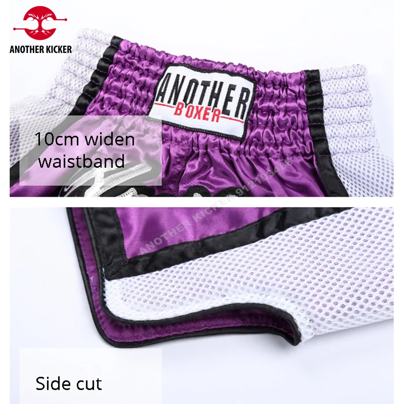 Pantalones cortos Muay Thai, pantalones cortos de boxeo transpirables para hombres, mujeres y niños, pantalones de lucha de corte lateral, pantalones de Kickboxing, ropa de entrenamiento de artes marciales de satén