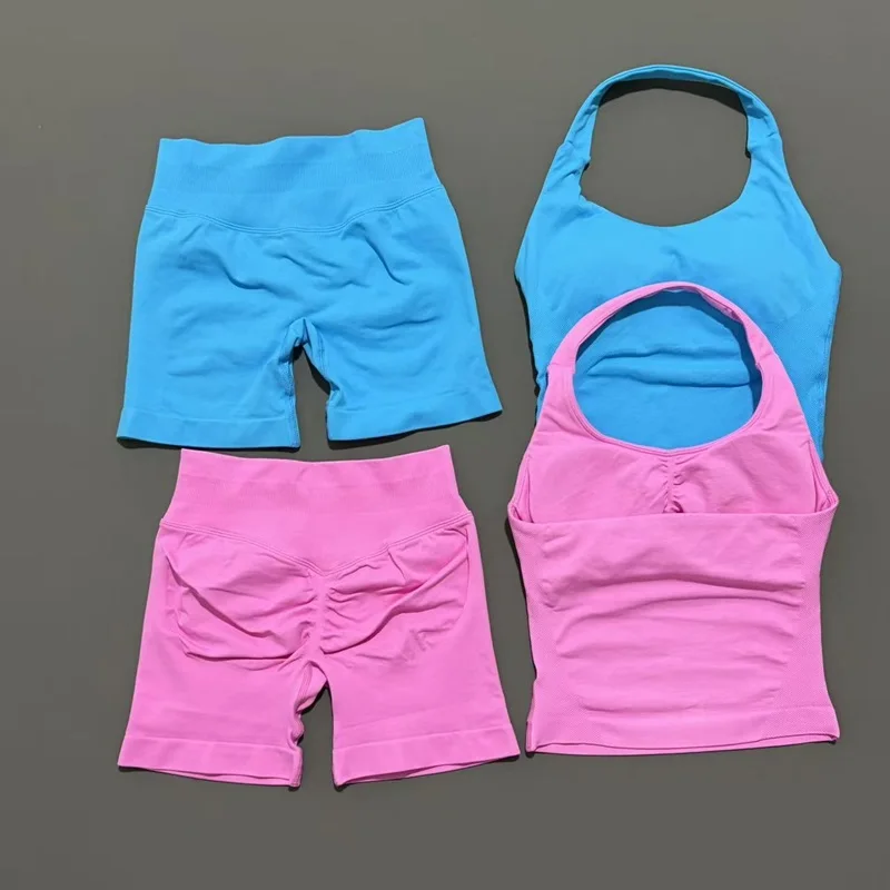 Conjunto Deportivo de 2 Piezas para Mujer, Top Halter con Tirantes, Shorts, Leggings Sin Costuras para Yoga, Gimnasio, Running y Fitness