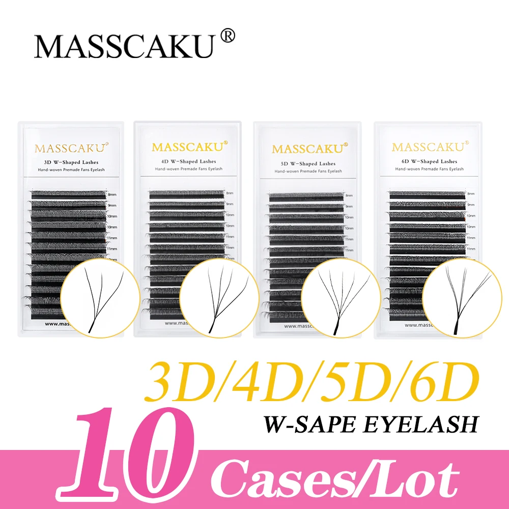 MASSCAKU 10 cajas de floración automática en forma de W Bloom 6D8D extensiones de pestañas Premium súper cómodas ligeras ventiladores de volumen densos completos