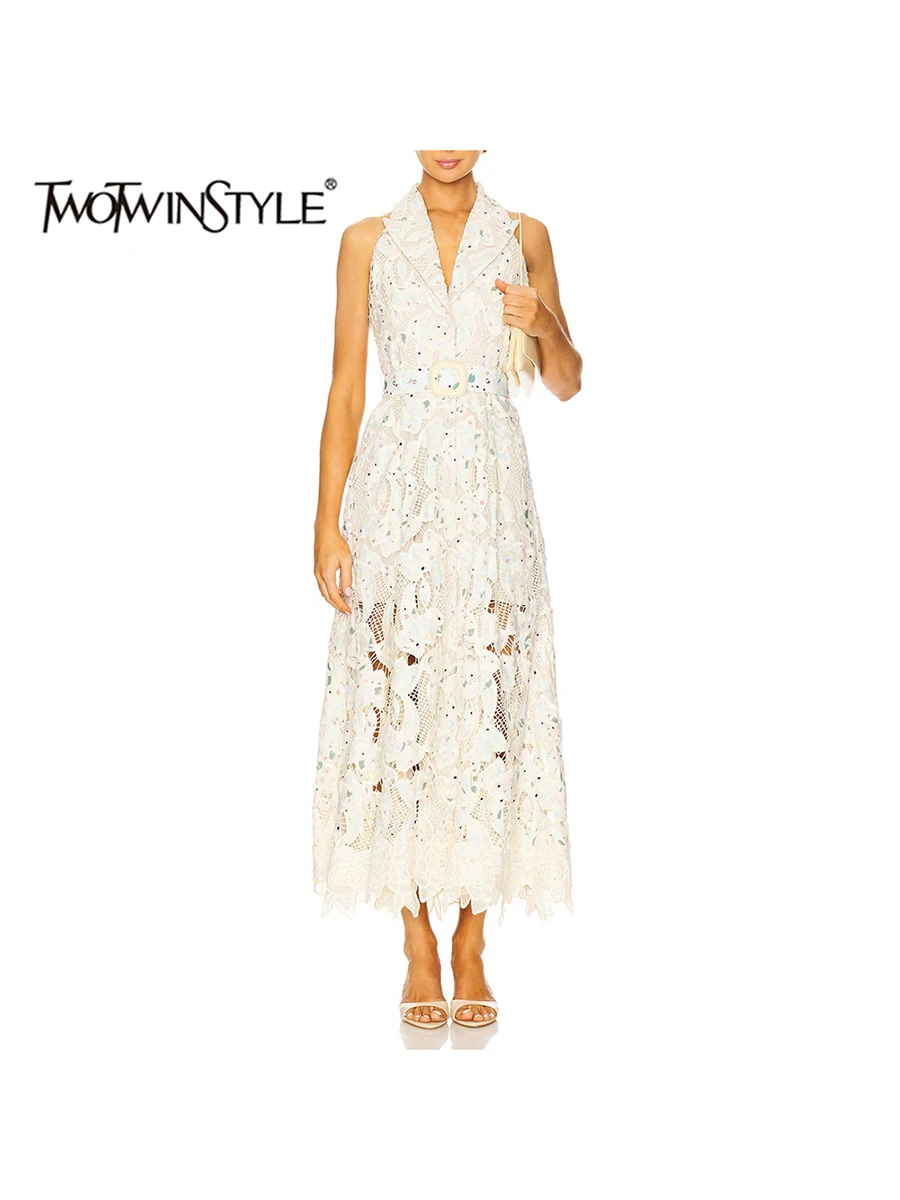 TWOTWINSTYLE, vestidos adelgazantes calados de Color intenso para mujer, vestido sin mangas con solapa de cintura alta, vestido con temperamento, estilo de moda femenina