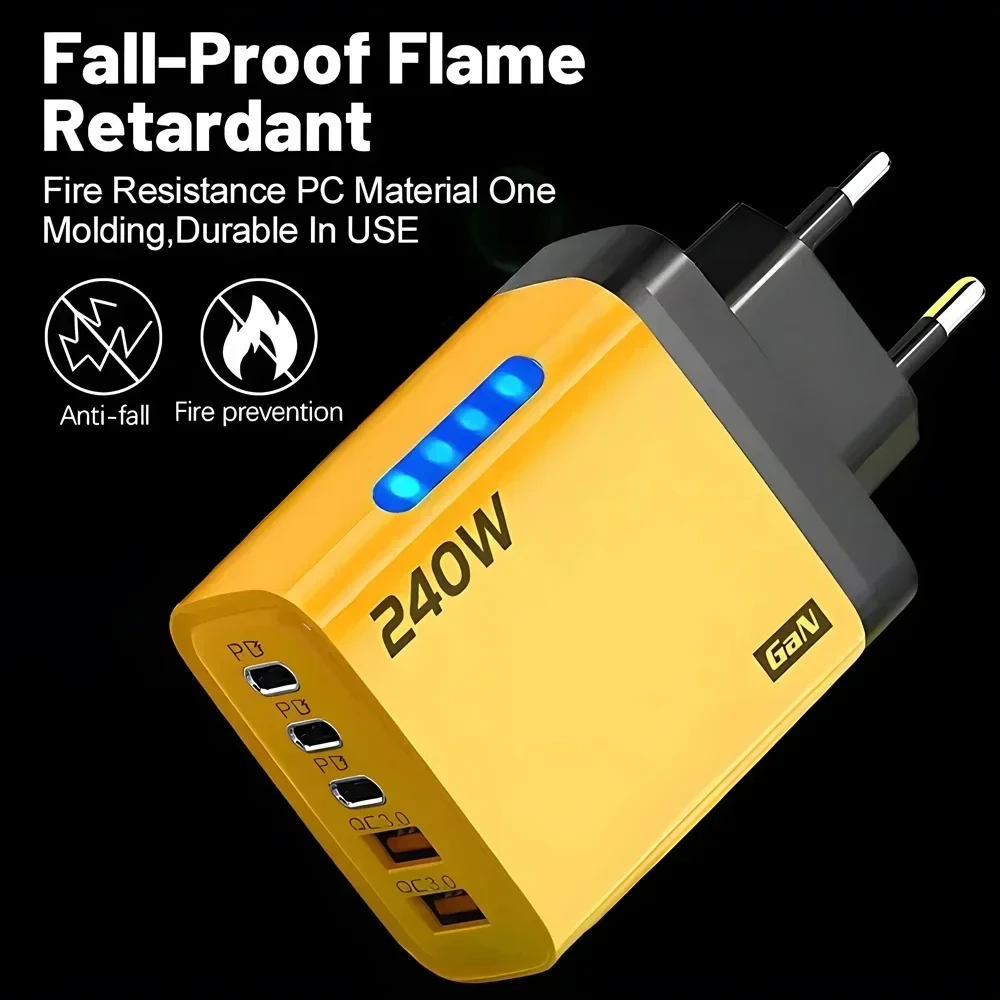 Cargador USB C GaN de 240W, 5 en 1, adaptador de corriente de carga rápida para iPhone, Samsung, Xiaomi, tipo C, enchufe europeo/estadounidense, cargador de pared