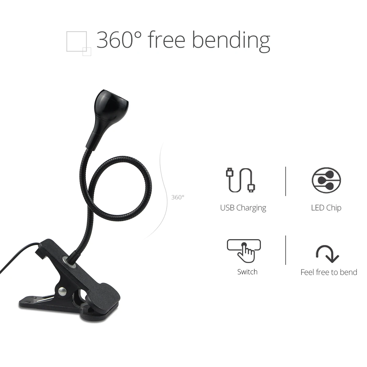 Lámpara de escritorio Flexible de 360 grados con Clip de soporte, lámpara de alimentación USB, luz de lectura para libros, Cable con Clip con interruptor de encendido y apagado, luz nocturna
