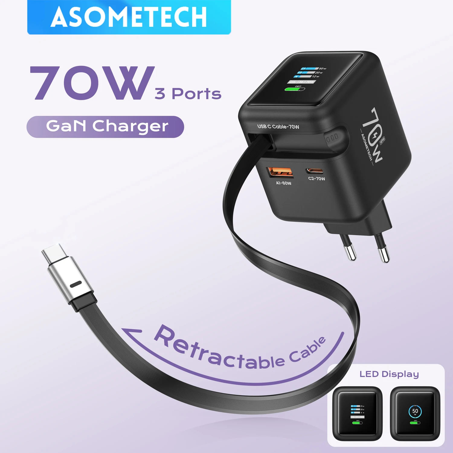 Cargador rápido GaN de 70W con Cable retráctil tipo C 3 en 1 PD3.0 QC4.0 PPS carga rápida para IPhone 16 15 14 Xiaomi Tablet Laptop