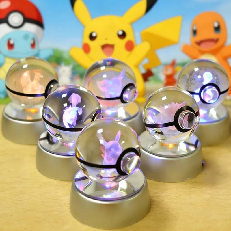 Bola de Cristal Pokémon 3D de 5CM, Mewtwo, Pikachu, Gengar, Bola de Cristal Pokémon, Figura Pokeball, Lámpara LED con Base de Luz Nocturna, Regalo