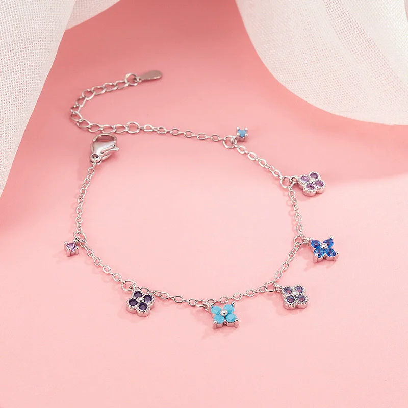 Pulsera y Tobillera de Plata de Ley 925 con Trébol de Cuatro Hojas Multicolor y Diamantes Brillantes para Mujer, Accesorios de Collar, Regalo