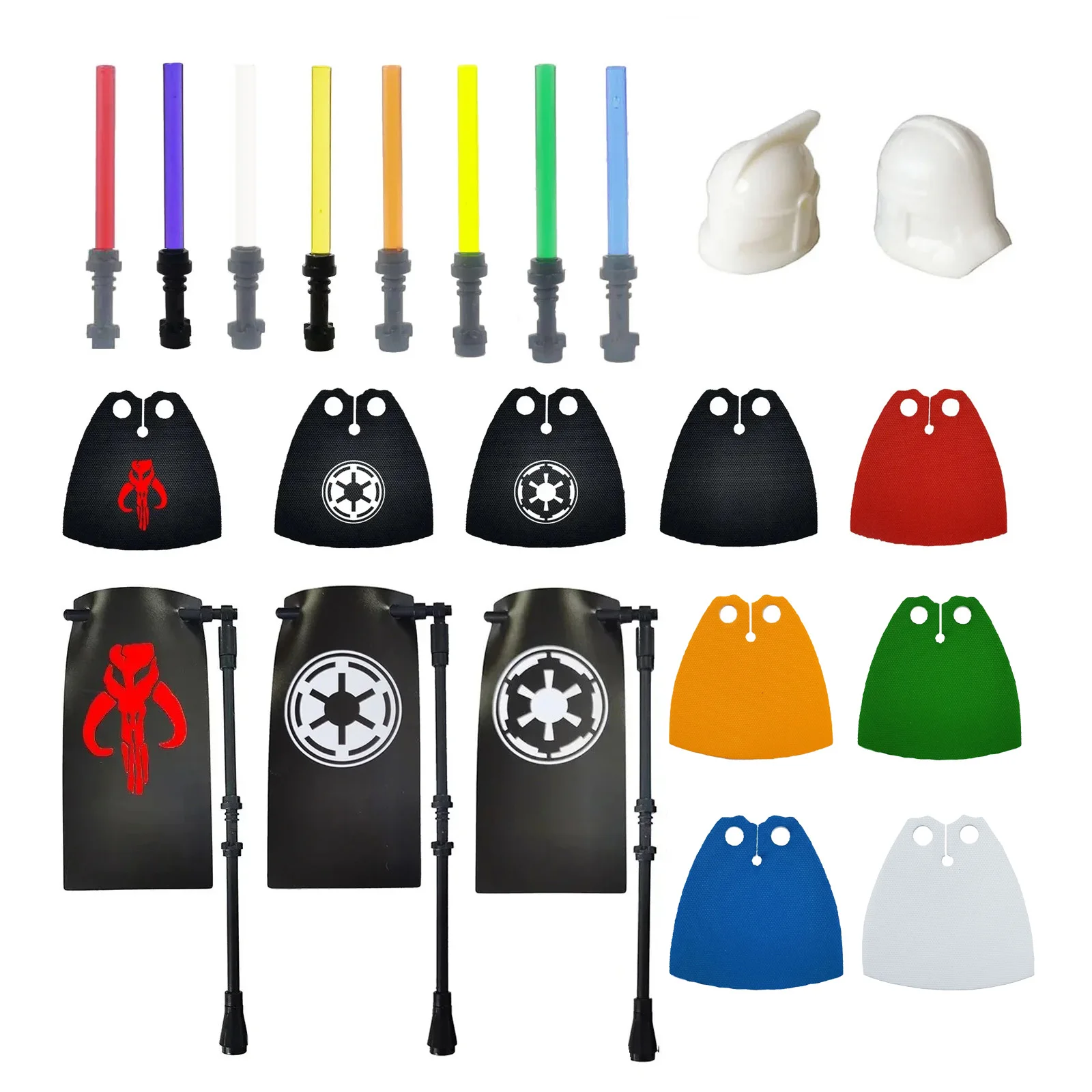 Piezas de ladrillo, tocado clon, capa de soldado, sabre de luz, bandera, casco, agujeros, pieza clásica lisa, bloque de construcción, accesorio de juguete Bricklink