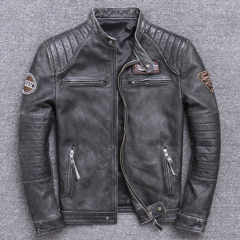 Chaqueta de motorista de cuero genuino para hombre, abrigo de piel de vaca 100% Natural, ajustado, Estilo Vintage, ropa de motorista