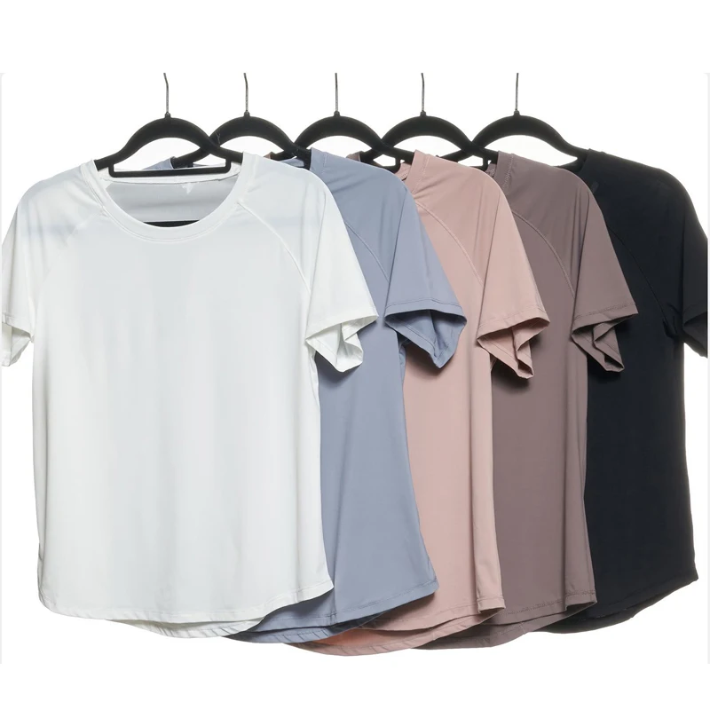 Camiseta de Yoga de manga corta de verano para mujer, Top de cuello redondo para gimnasio y correr, camisa de entrenamiento holgada y transpirable de secado rápido, ropa deportiva femenina
