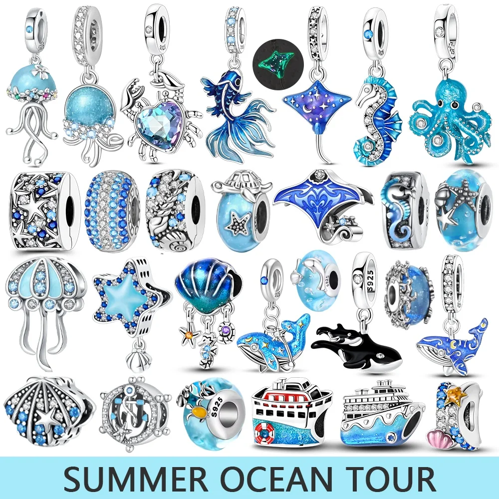 Colgante de plata de ley 925 con cuentas de la serie Blue Ocean, apto para pulsera DIY de la marca, joyería para mujer, regalos para novia