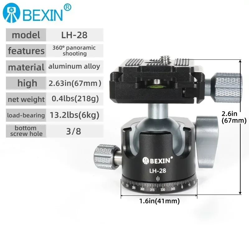 BEXIN-trípode de cabeza esférica con tornillo de 3/8 pulgadas, trípode giratorio de 360 grados de aleación de aluminio para fotografía, para cámara DSLR LH28/LH32