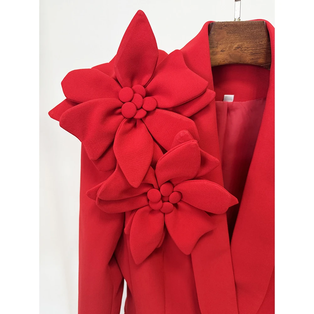 HIGH STREET Última Moda 2026 Conjunto de Traje de Diseñador para Mujer, Chaqueta y Pantalones con Flores Tridimensionales, 2 Piezas